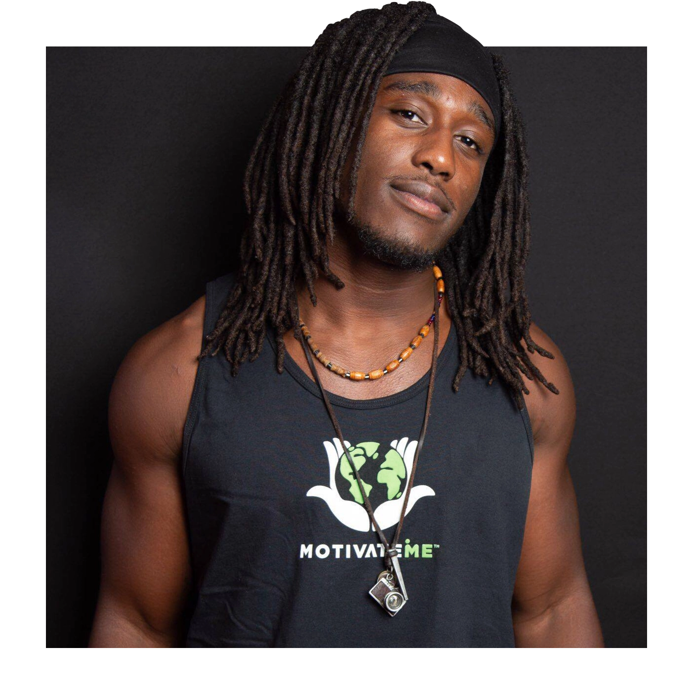 MotivateMe brand portrait showing the logo on apparel
